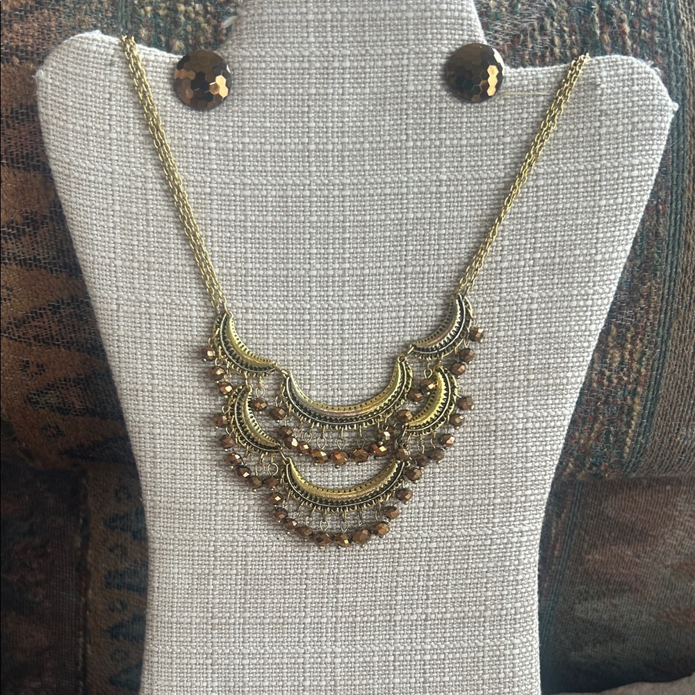 Gold Tone Faceted Bead Boho Necklace and Vintage Clip on Earrings